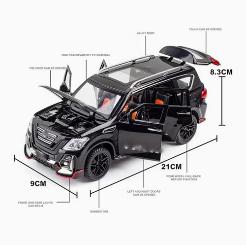 Black Nissan Patrol 1:24 diecast toy car front angle view