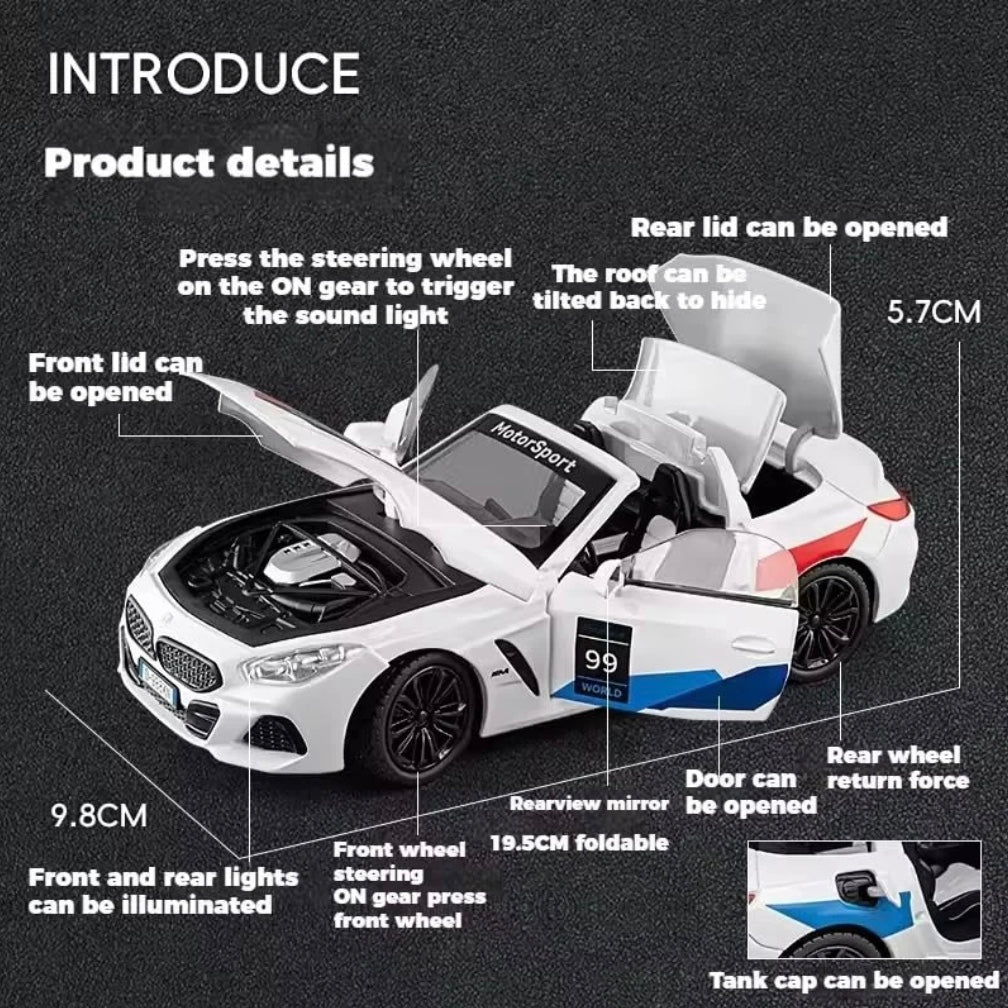 BMW Z4 1:24 diecast toy car front angle view