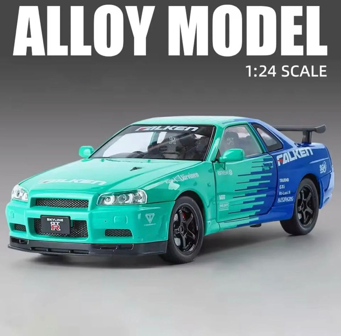 Nissan GT-R R34 1:24 diecast toy car side view