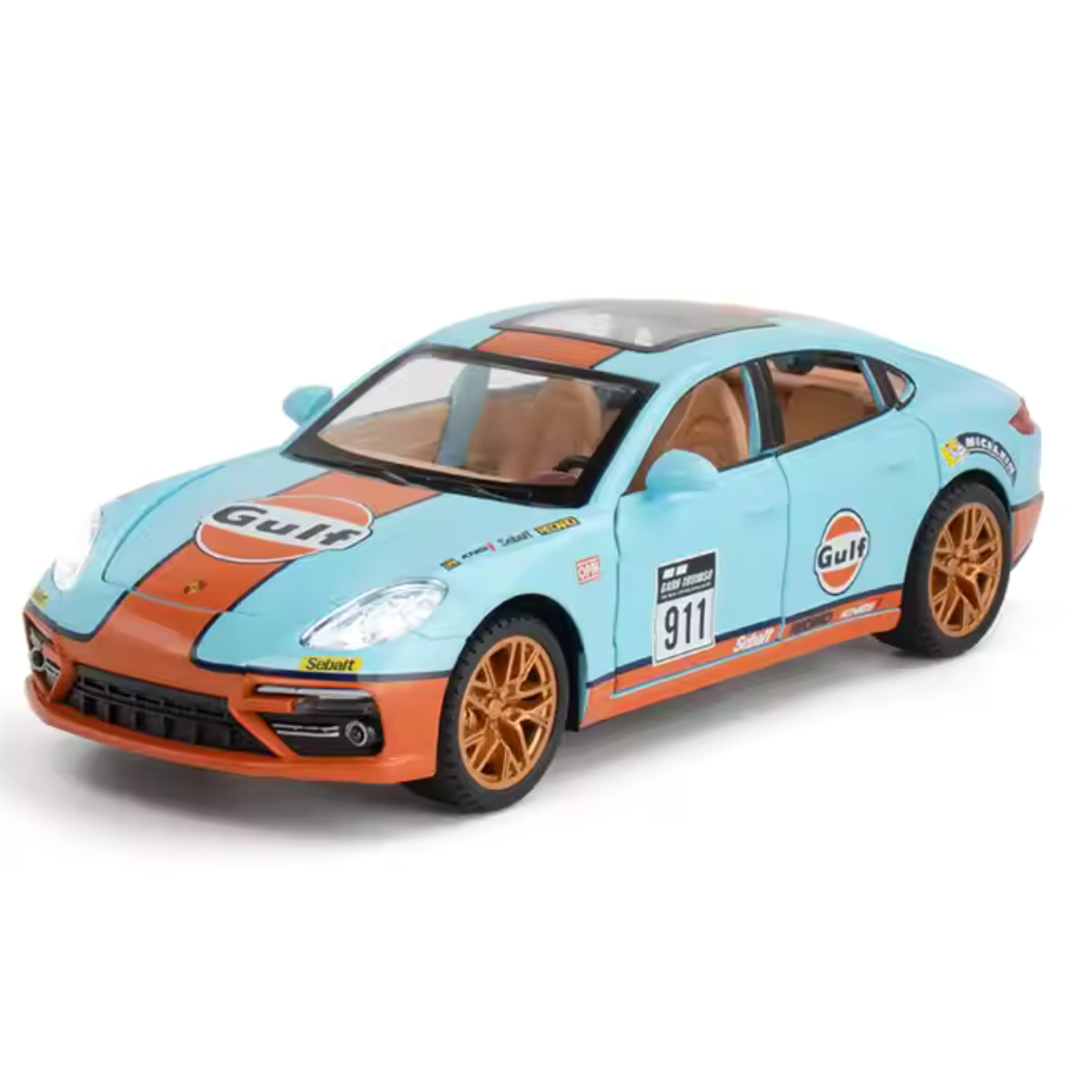 Porsche Panamera Gulf 1:24 diecast toy car front angle view