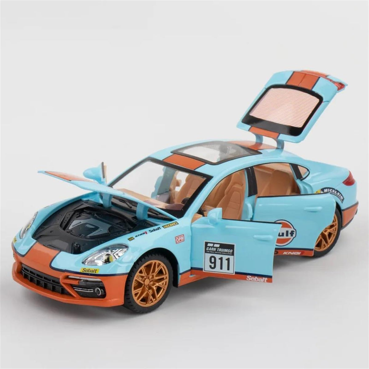 Porsche Panamera Gulf 1:24 diecast toy car rear angle view