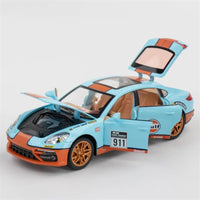 Porsche Panamera Gulf 1:24 diecast toy car rear angle view