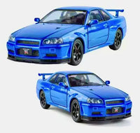 Nissan GT-R R34 1:24 diecast toy car rear angle view
