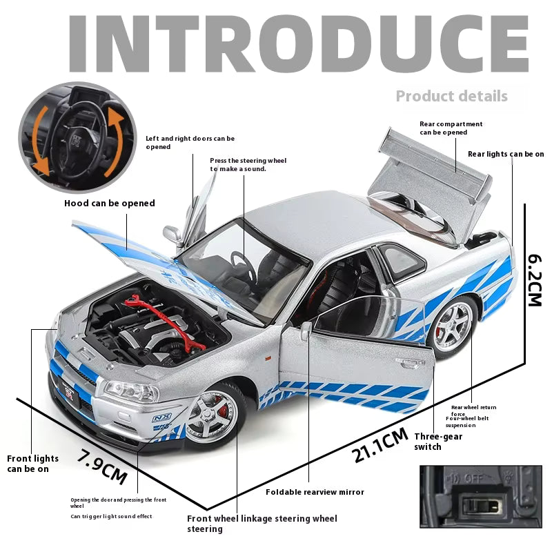 Nissan GT-R R34 1:24 diecast toy car product detail view