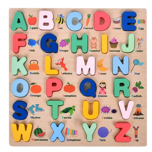 Wooden 3D Alphabet Letter Puzzle Board with Matching Illustrations