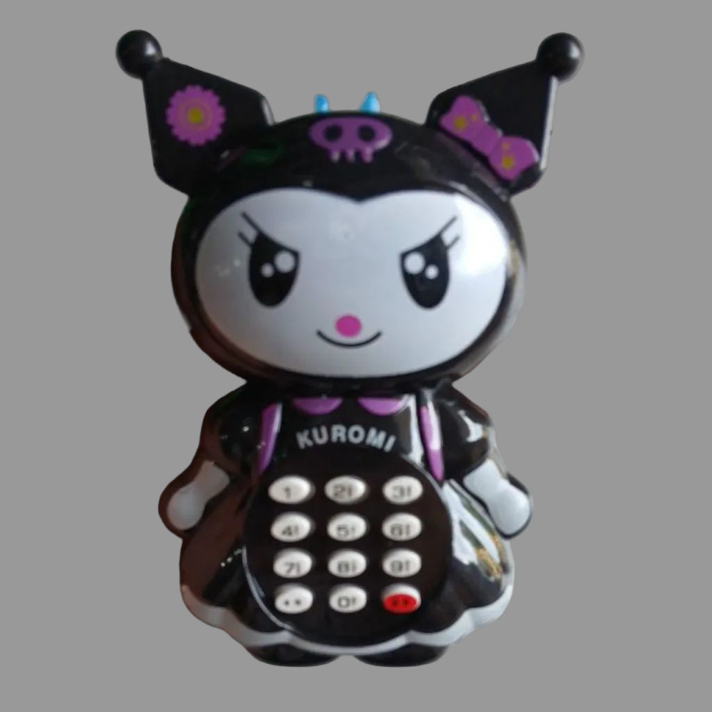 A Kuromi character toy phone held in a hand. The toy features a glossy black and white design with purple accents, including a bow, flowers on the ears, and a skull on the forehead.