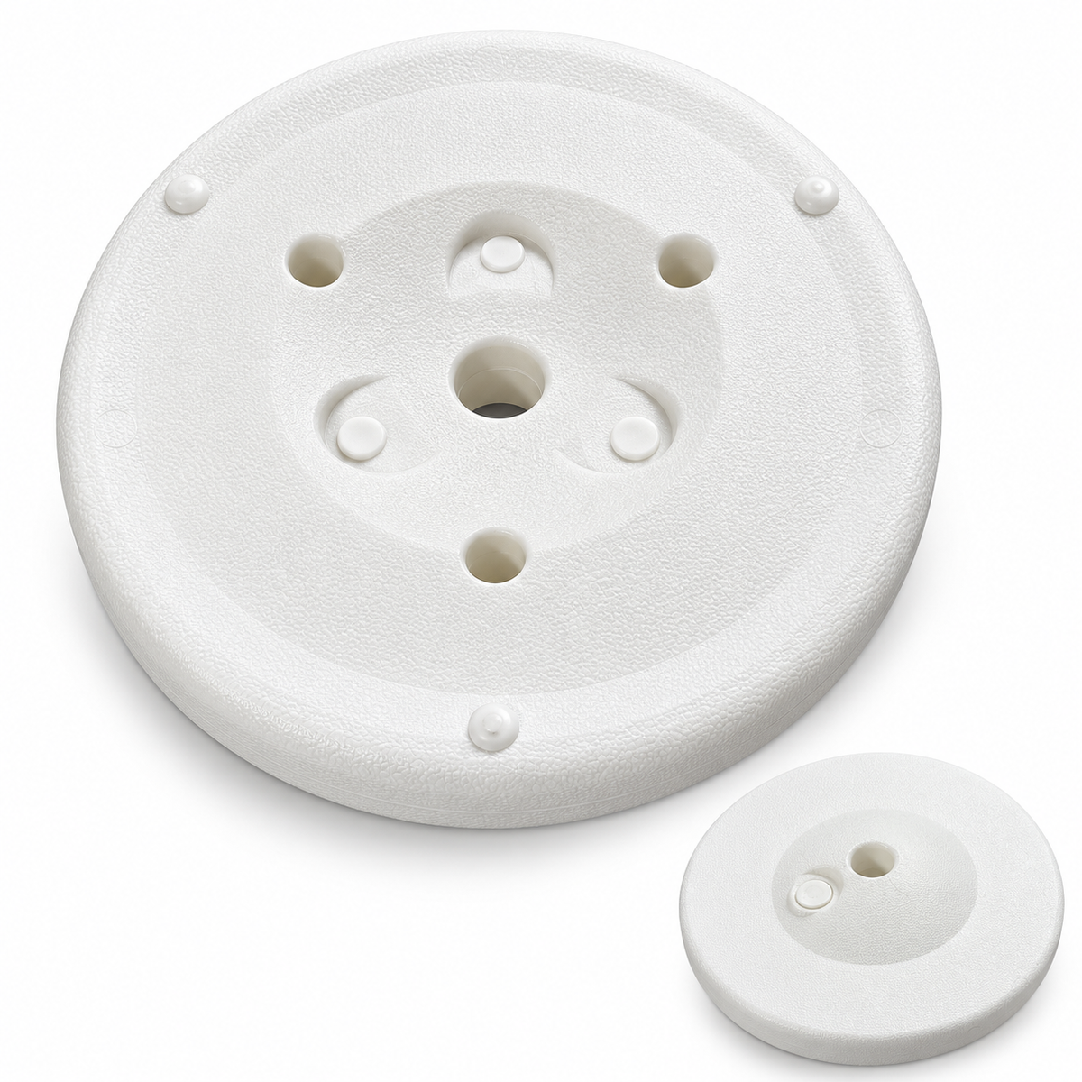 White round textured flag holder base only with multiple pole holes, top and reverse sides