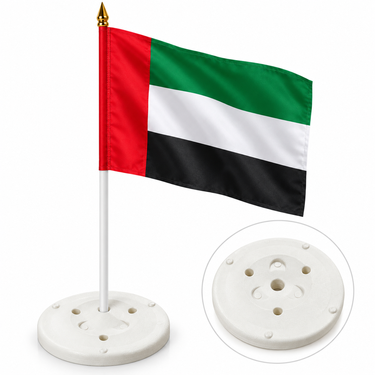Round white flagpole holder base pictured with UAE flag mockup; flag and pole sold separately