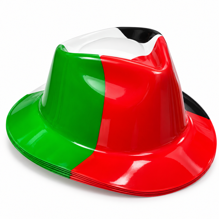 UAE flag colour glossy plastic fedora-style party hat for National Day in red green white and black