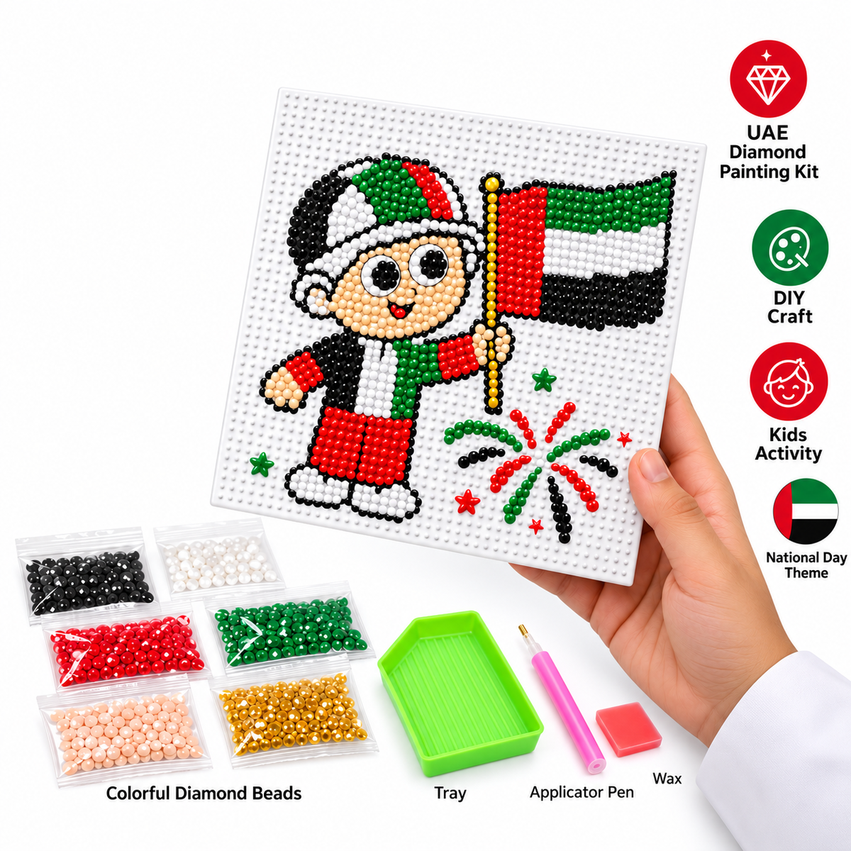 UAE National Day DIY diamond painting square mosaic board with child waving UAE flag and craft gems illustration