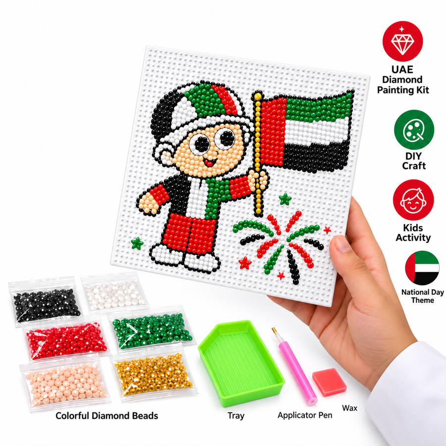 UAE National Day DIY diamond painting square mosaic board with child waving UAE flag and craft gems illustration