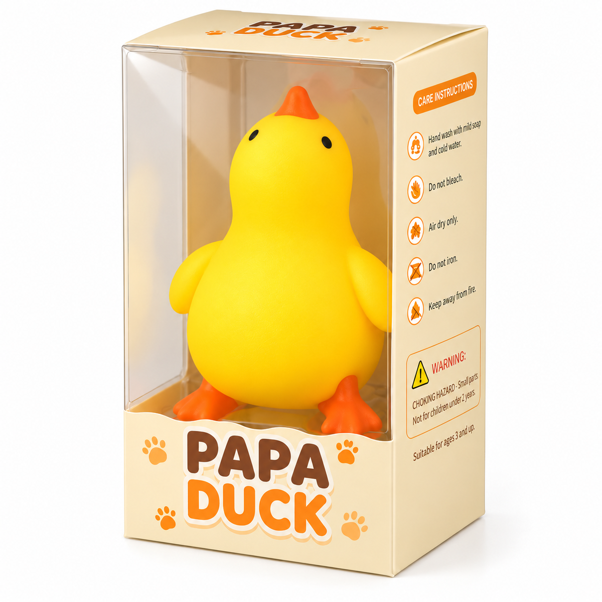 Boxed Papa Duck yellow squishy toy in individual transparent-window retail package