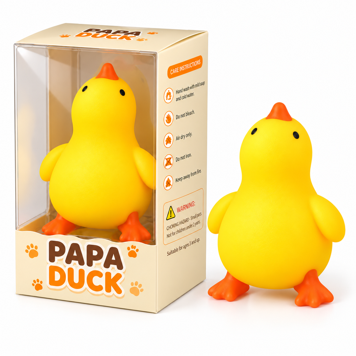 Papa Duck squishy shown beside its individual box for reference