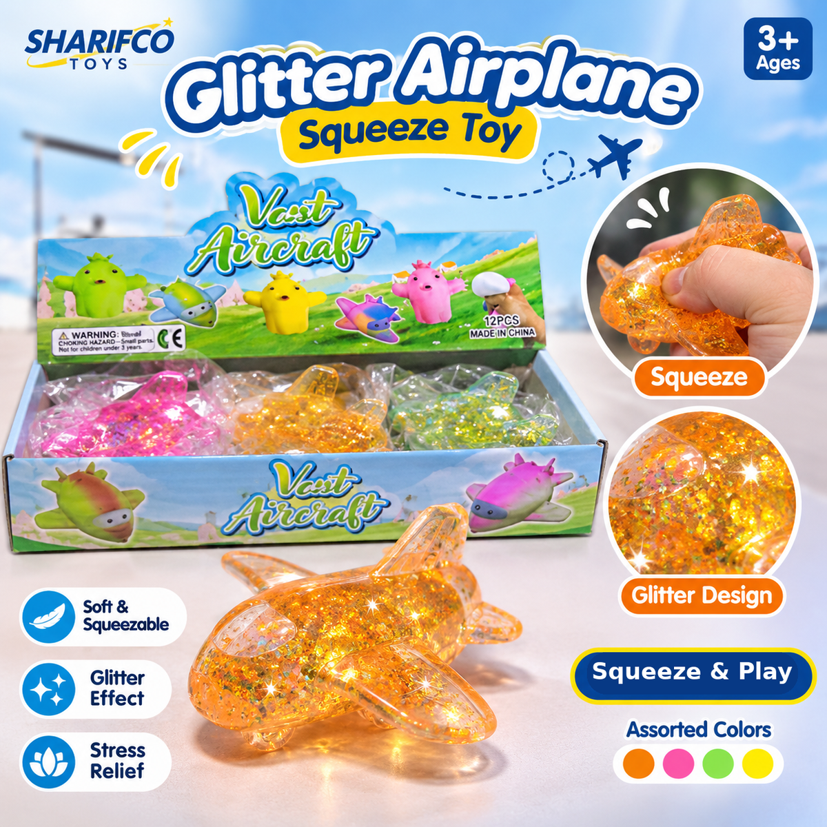 Glitter airplane squeeze toy in assorted colours shown with display packaging and hand squeezing example