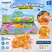 Glitter airplane squeeze toy in assorted colours shown with display packaging and hand squeezing example