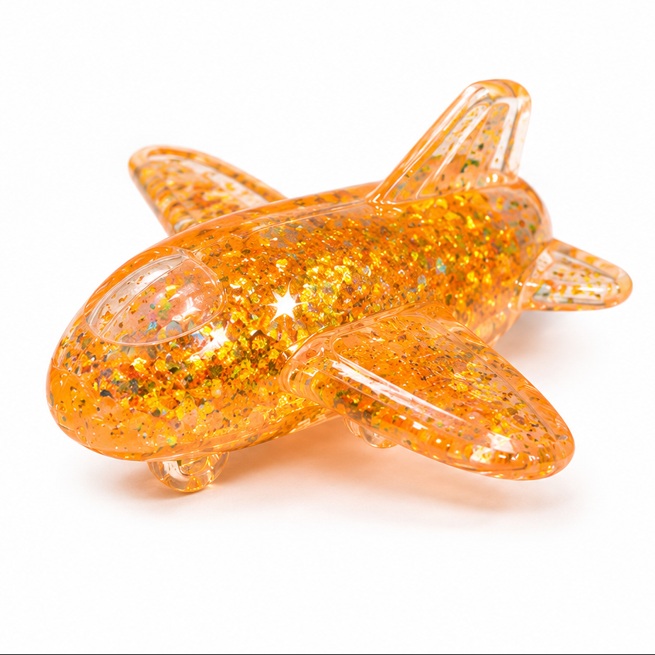 Orange glitter-filled airplane squishy squeeze toy isolated on a plain white background