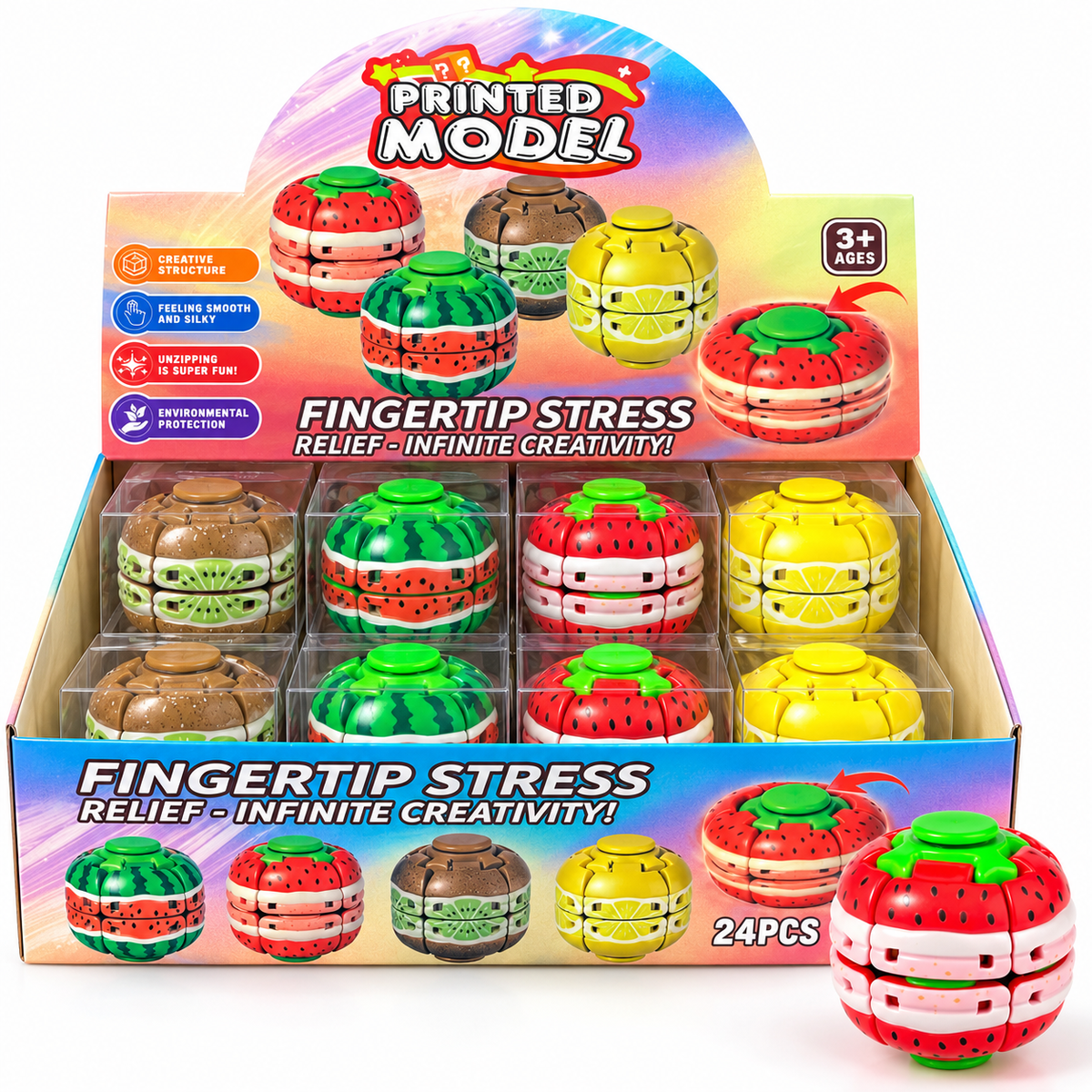 SH3631 fruit fidget spinner balls in assorted fruit designs – press and spin sensory toy