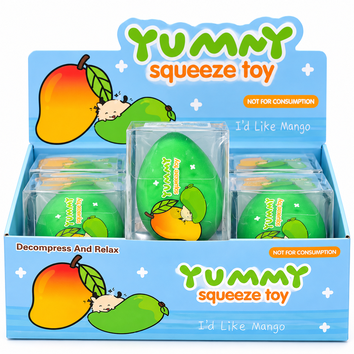 SH3640 crunchy green mango squishy toys in clear retail boxes with Yummy Mango display