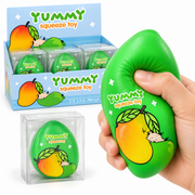 SH3640 green mango-shaped sensory fidget toy being squeezed by hand, with individual clear box