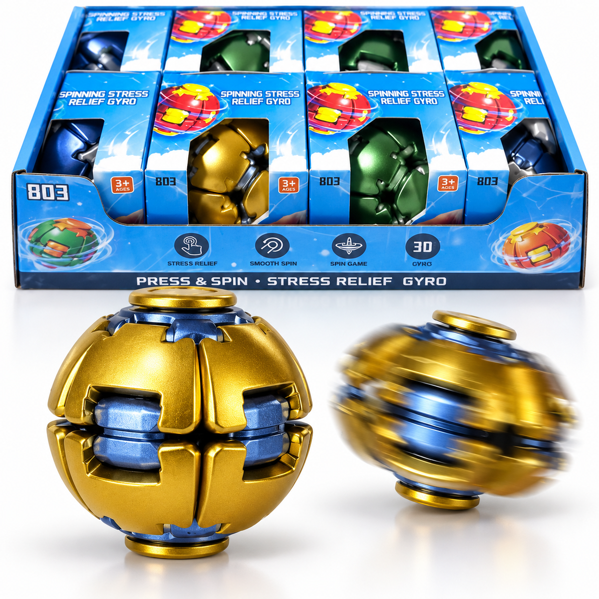 Metallic gold and blue press and spin gyro fidget spinner ball with retail packaging