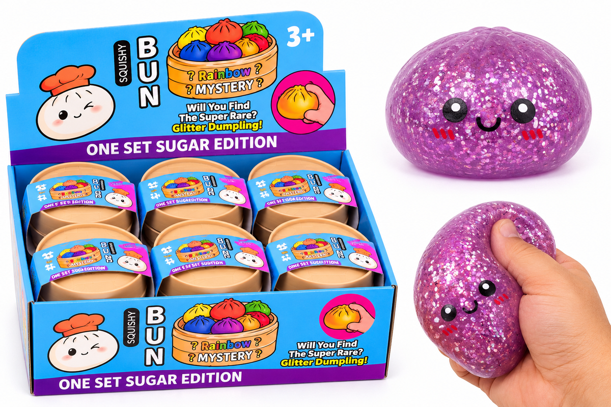 Purple glitter dumpling squeeze toy with Rainbow Mystery display box and a hand squeezing one piece