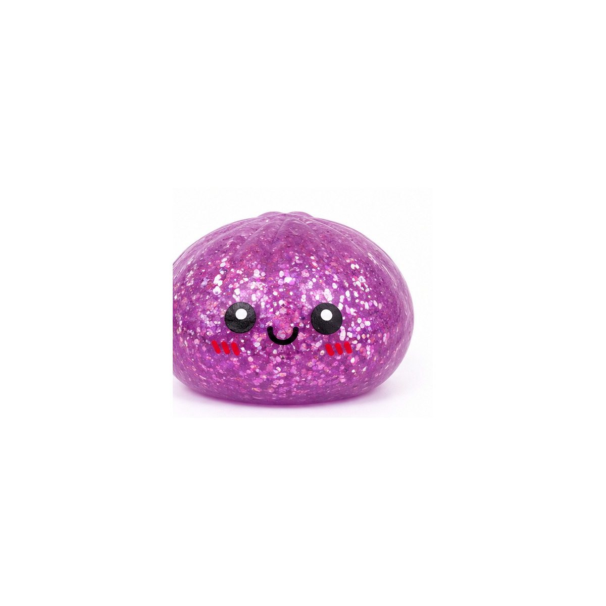 One purple glitter-only dumpling squishy toy with a smiling face on a white background