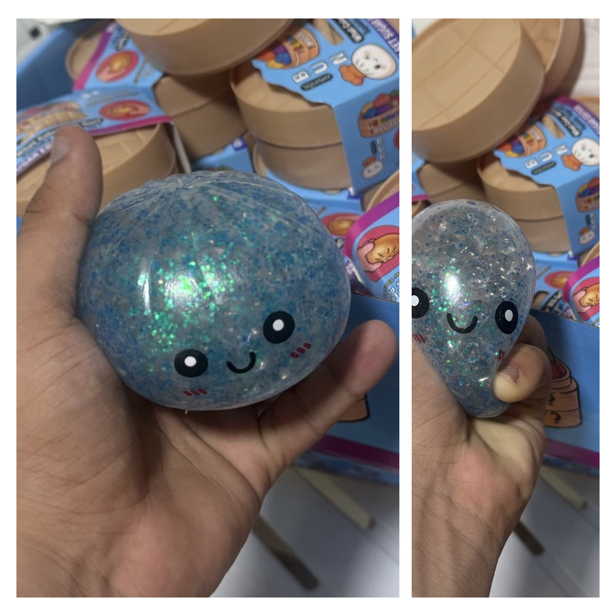 Blue glitter Orbeez-style water bead dumpling squishy being squeezed and shown with its retail mini-steamer packaging