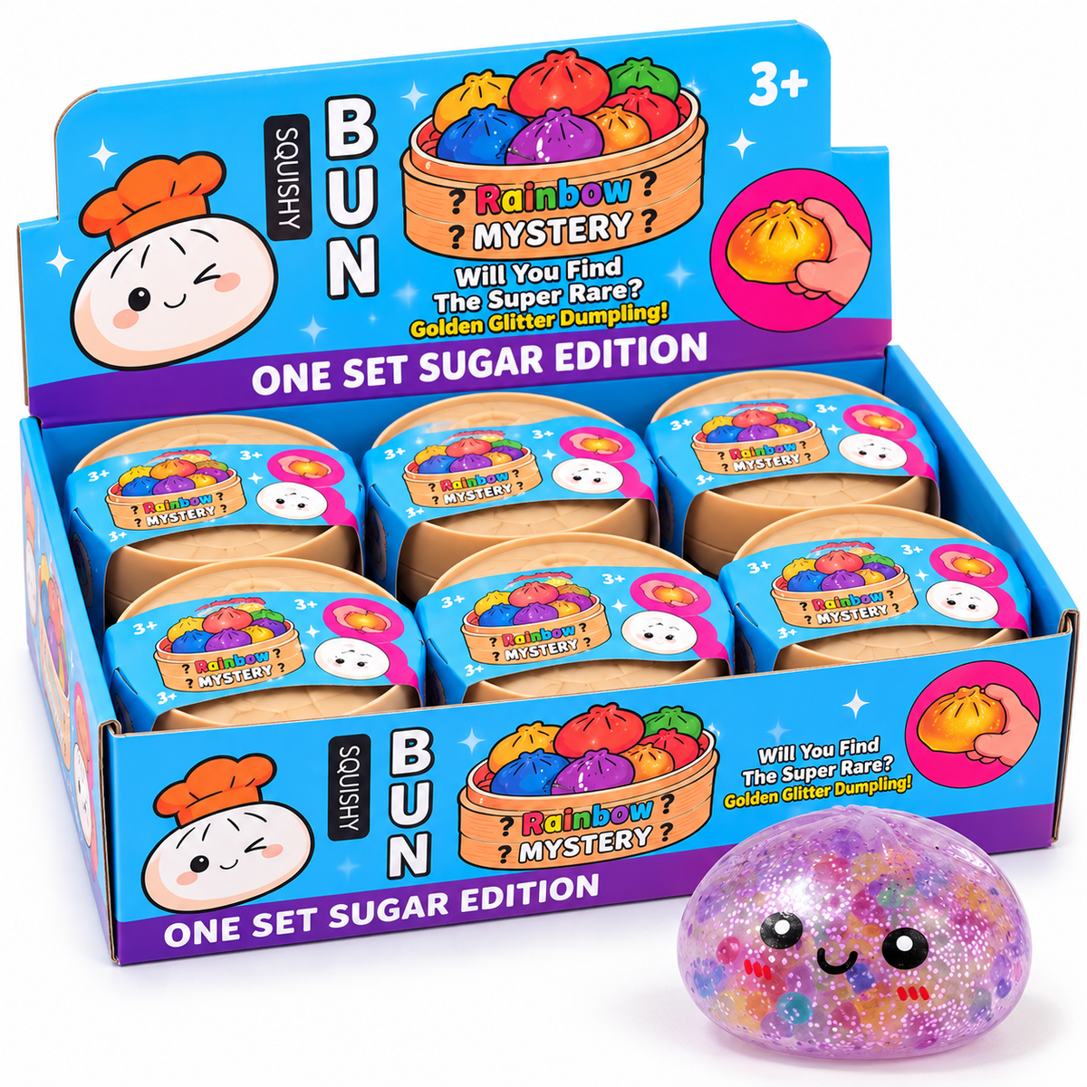 Purple glitter water bead-filled dumpling squishy shown with 12-piece Rainbow Mystery display packaging