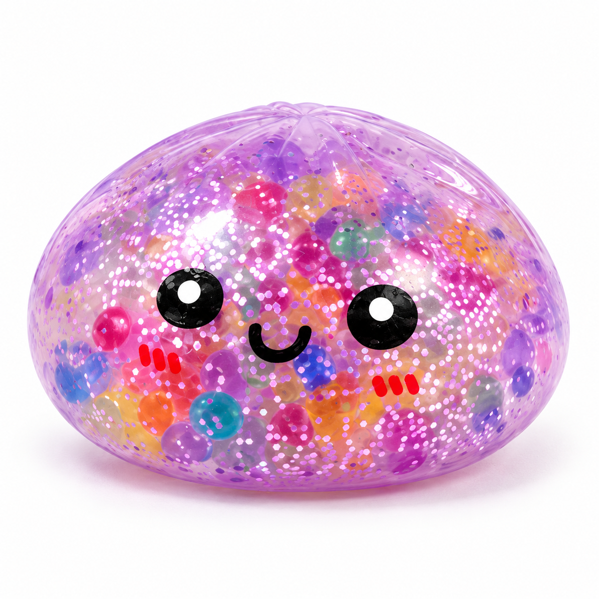 One purple translucent glitter Orbeez-style dumpling sensory squishy toy with smiley face on white background