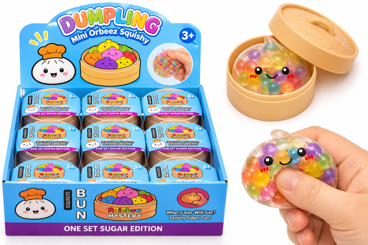 SH3680 mini dumpling orbeez-style toy being squeezed, multicoloured beads inside
