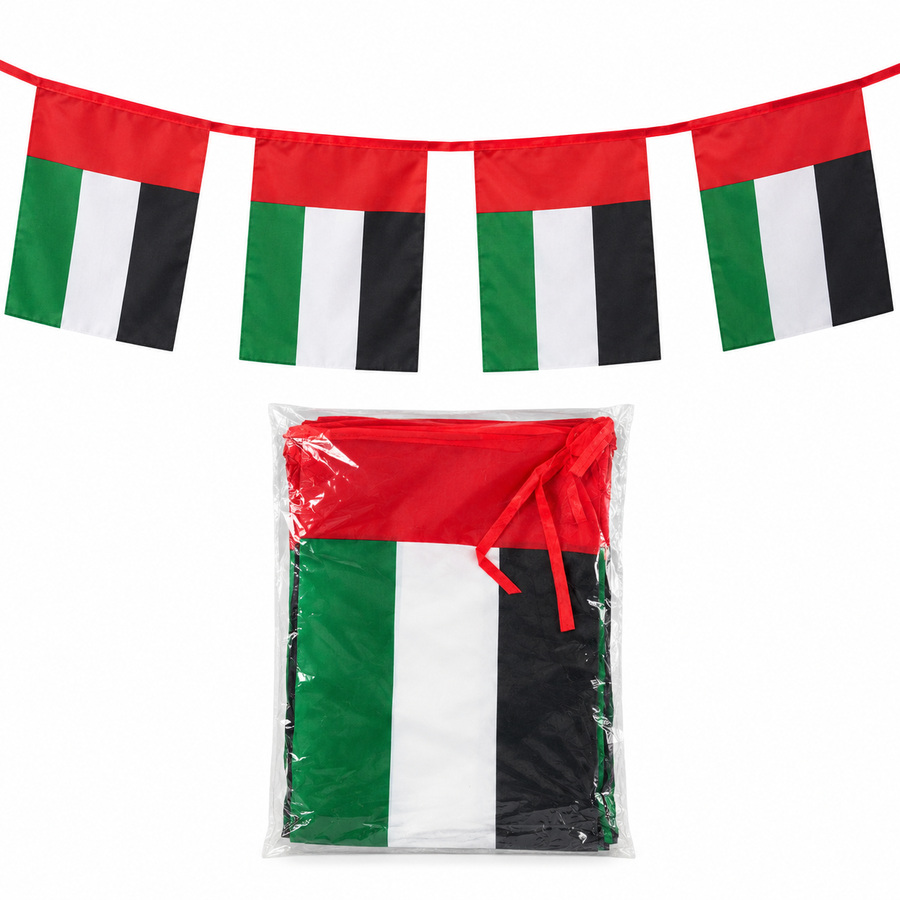 UAE National Day flag bunting hanging garland on white background and folded packaging, available in three flag sizes