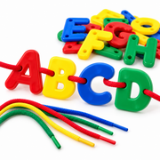 Colourful alphabet letter lacing toy with only one or two threading holes per letter