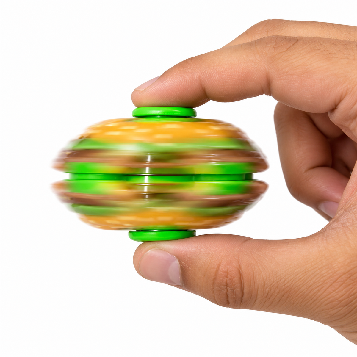 Hand pressing the green buttons of a burger-shaped fidget toy while its body spins