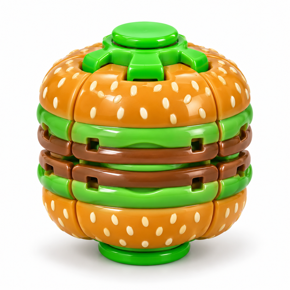 Burger-shaped press-and-spin fidget toy with sesame-style buns, green buttons and brown patty layers