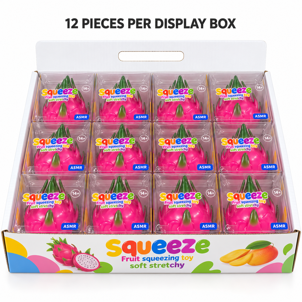 Display box containing 12 individually boxed pink dragon fruit squishy toys