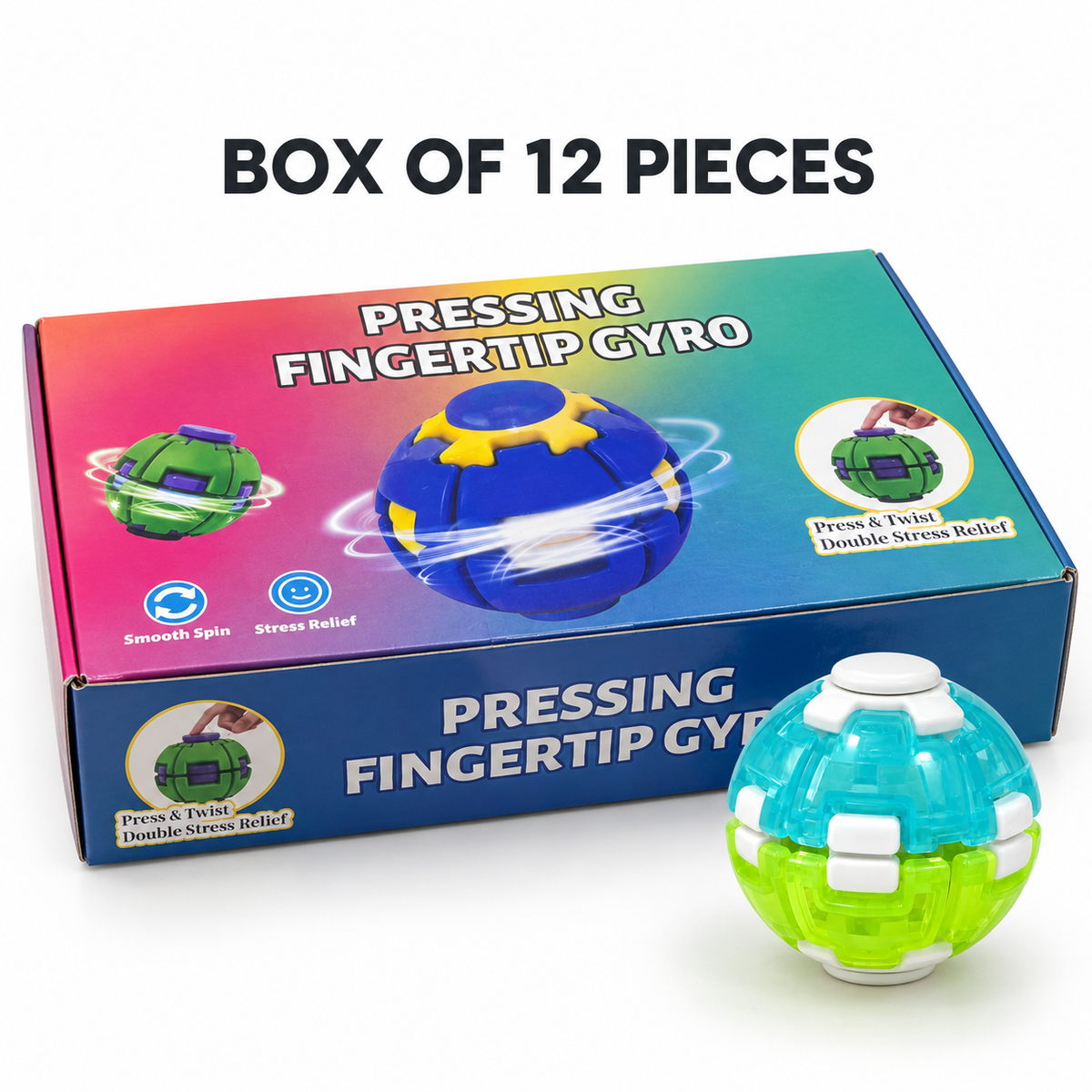 Box of 12 press-and-spin gyro fidget balls with a turquoise and lime green sample toy