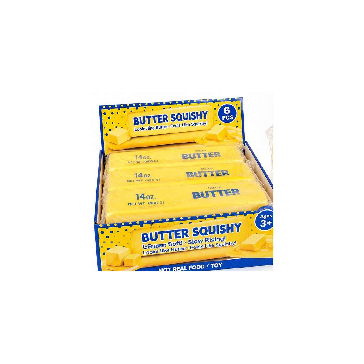Jumbo butter squishy toys in blue and yellow counter display of six individually wrapped pieces