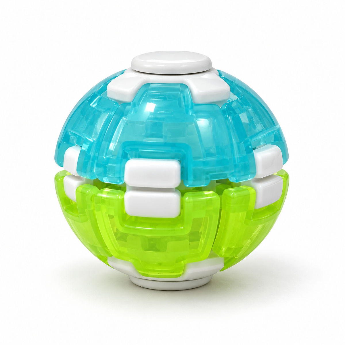 Turquoise and lime green press-and-spin gyro fidget ball on a white background