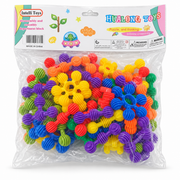Clear bag of colourful ribbed connector building blocks with a printed hanging header
