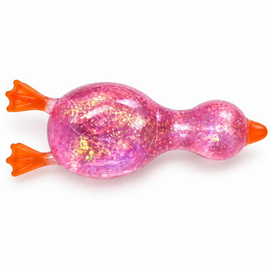 AI-enhanced image: Translucent pink glitter duck squeeze toy with an orange beak and webbed feet; original supplied photo included
