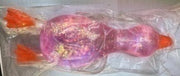Original supplier photo: Translucent pink glitter duck squeeze toy with an orange beak and webbed feet