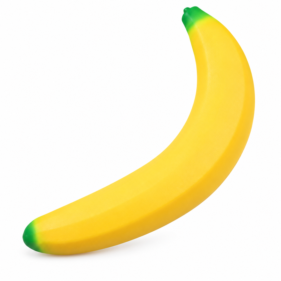 AI-enhanced image: Curved yellow banana squishy with small green tips; original supplied photo included