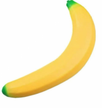 Original supplier photo: Curved yellow banana squishy with small green tips