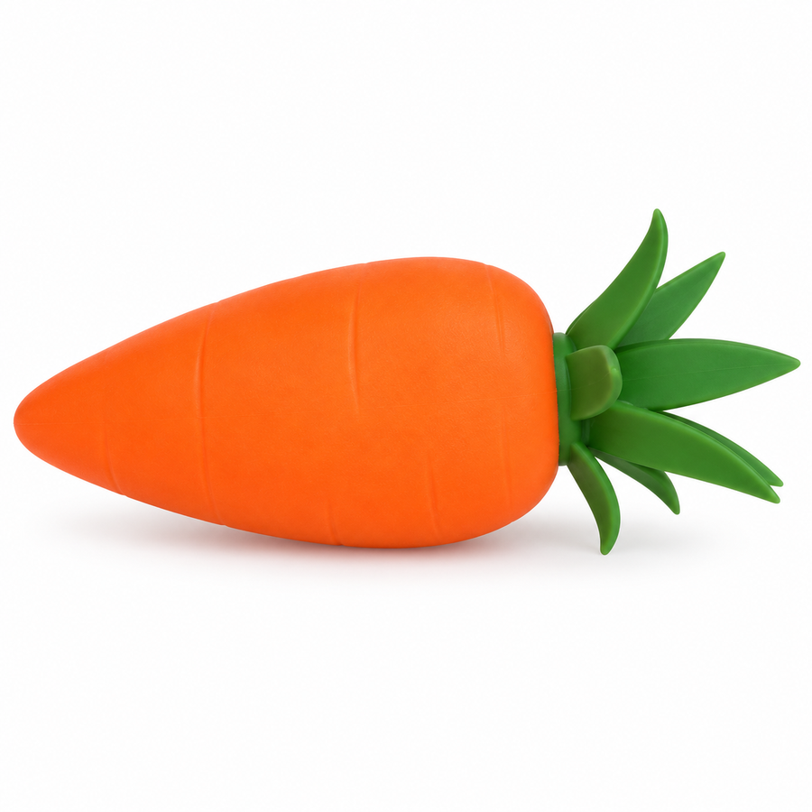 AI-enhanced image: Broad orange carrot squishy with a large pointed green leaf crown; original supplied photo included