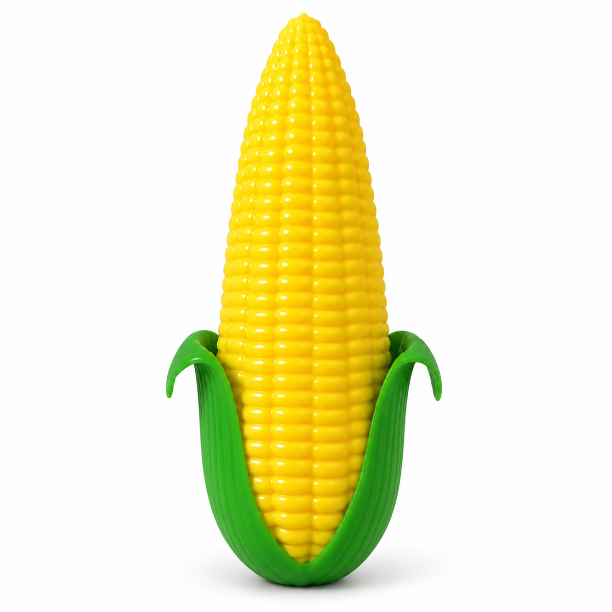 Long yellow corn cob squishy toy with curled green husk leaves