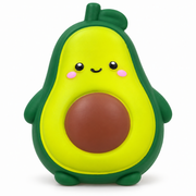 AI-enhanced image: Green avocado character squishy with a brown pit, pink cheeks and a smiling face; original supplied photo included
