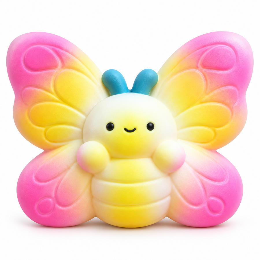 AI-enhanced image: Pastel pink and yellow butterfly squishy with blue antennae and a smiling face; original supplied photo included