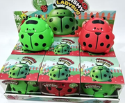 Original supplier photo: Green and red ladybug squishy toys with black spots and smiling faces
