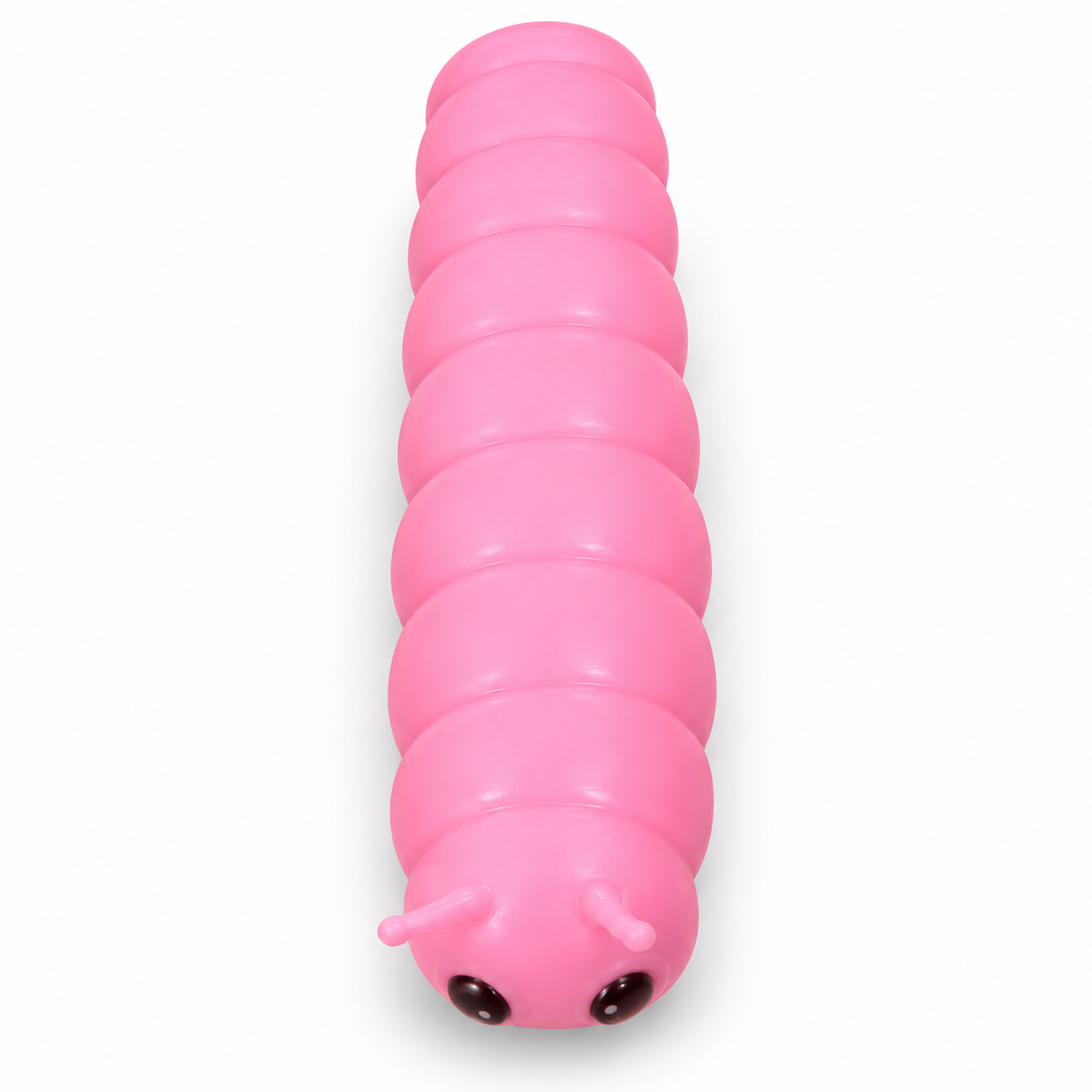 AI-enhanced image: Pink caterpillar squishy with a long segmented body and small feelers; original supplied photo included