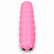 AI-enhanced image: Pink caterpillar squishy with a long segmented body and small feelers; original supplied photo included